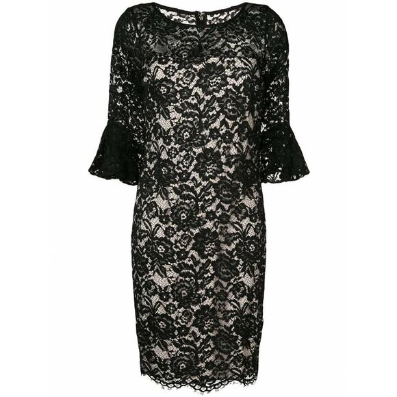 DKNY Black Sheath Embroidered Lace Cocktail Wedding Bell Sleeves Dress Size 4 - Picture 3 of 6